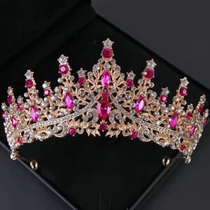 Wicked Silk Prom, Quinceanera Jeweled Crown Tiara Headband - Gold Hot Pink